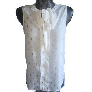 Vero White Sleeveless Blouse with Gold Leaf Print and Fabric Tie Neckline S